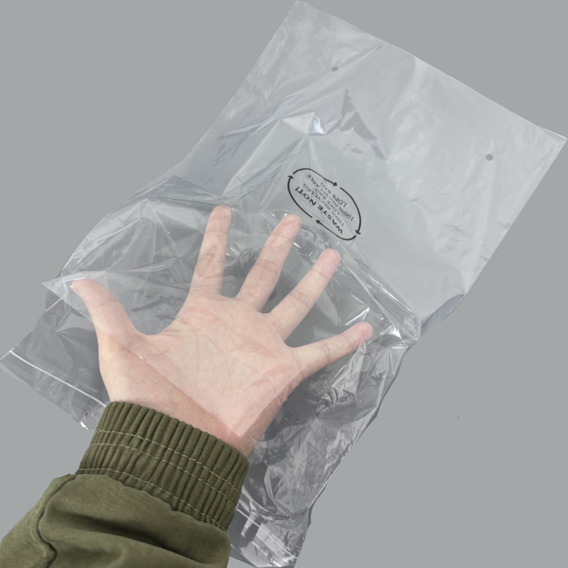 Clear recycled poly bag for clothing packaging