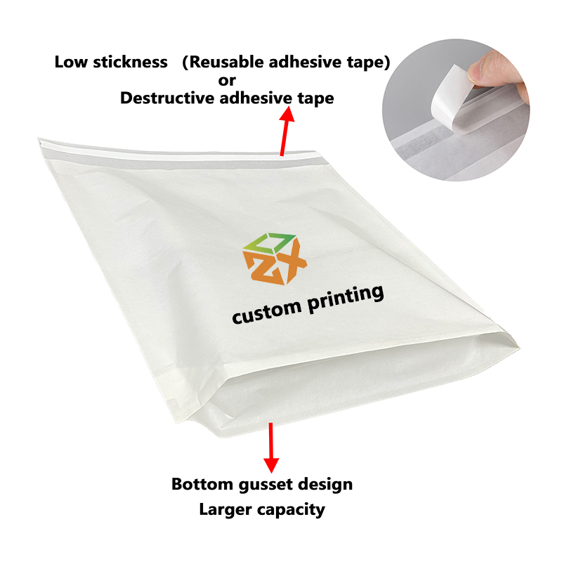 Glassine paper bag with reusable adhesive tape and bottom gusset