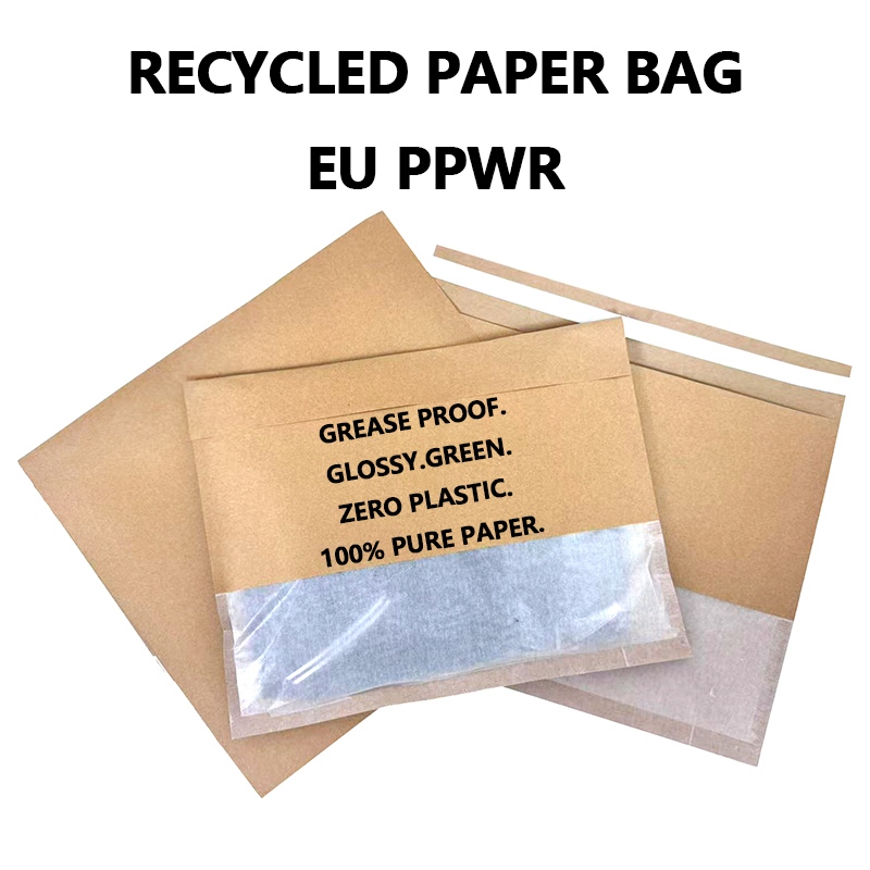 Recycled paper bag with glassine paper window for sustainable packaging