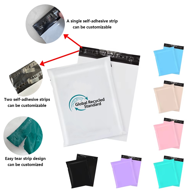 recycled poly mailer bags with single and double adhesive closure options