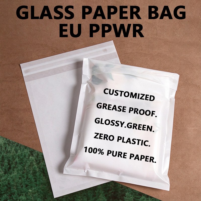 Custom glassine garment bags with translucent paper material and adhesive flap for plastic free apparel packaging