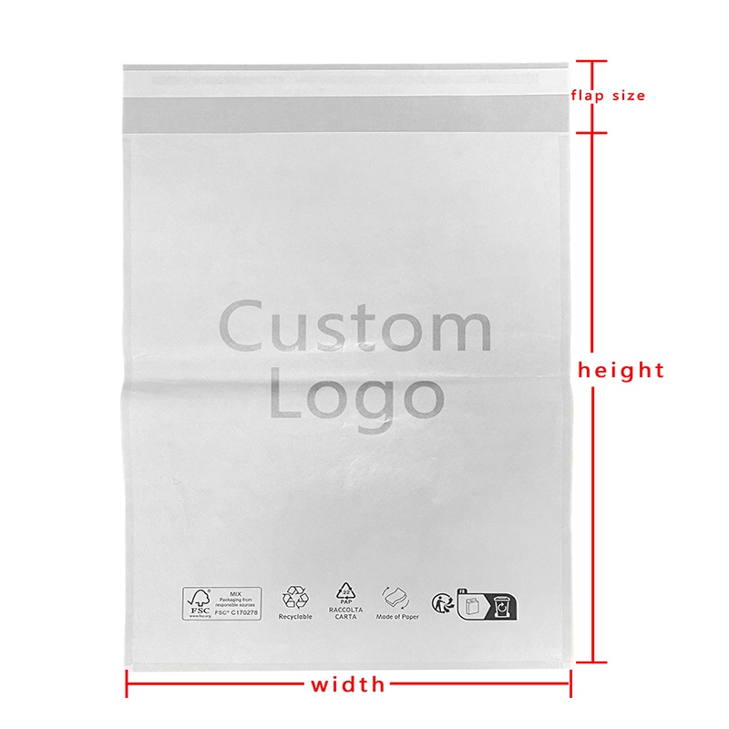 Custom glassine paper bag dimensions showing bag width height flap size and logo printing area